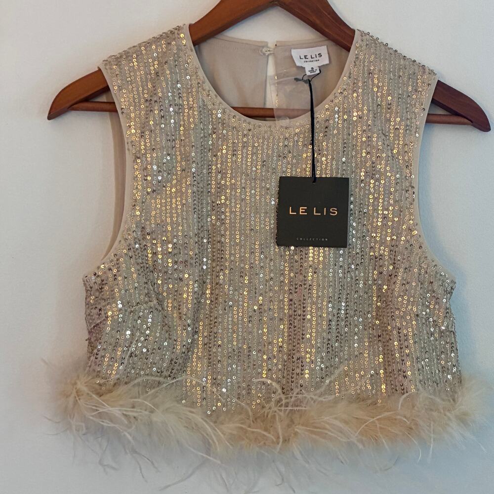 Le Lis Natalia Feather Trim Sequin Top NWT Small Glam Party Tank - Picture 9 of 14